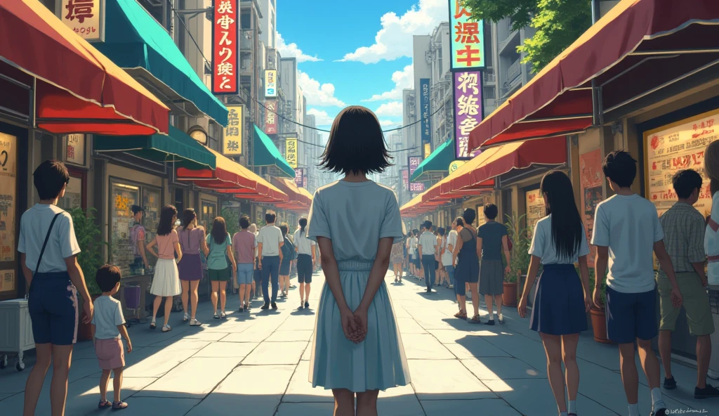 A Japanese woman walking past a busy shopping street, hands behind back, not stopping to buy anything.