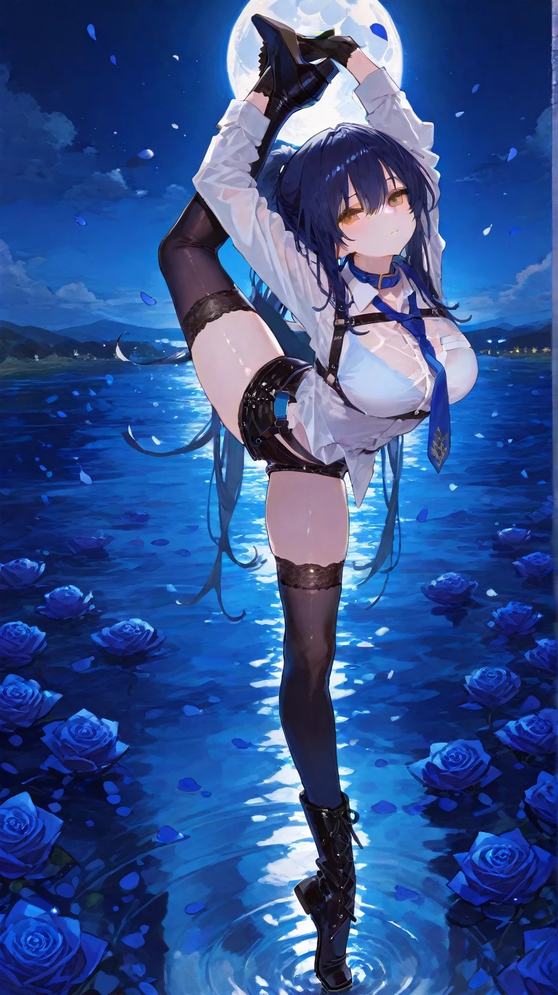 (((アニメ調cute顔))), ((((blue twin tails)))), hair ornaments、Super lewd、((((nude)))), Highest quality, (Sharp details), 8k, ((cute)), Soaked Skin, (looking at the camera),,cuteちいさい胸、The cleavage is very noticeable、(((My nipples are erect)))、Height: 160 cm、Seductive Face:1.5、Very big eyes、sparkling pupils、anatomically correct body、Big thighs、slightly muscular、((Naughty Fishnet Stockings))、Light from the front、Temptation Pose