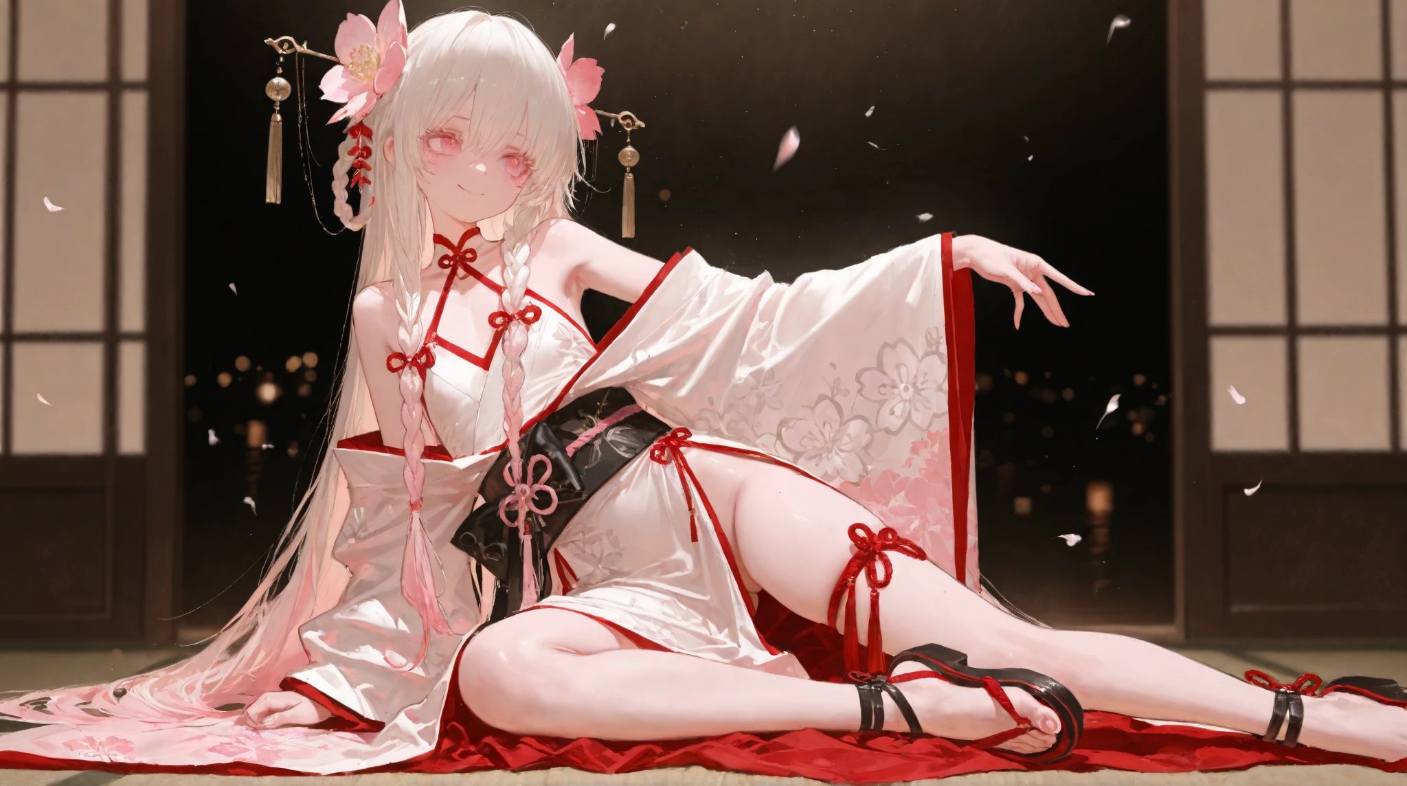 Chinese style, white hair, Chinese clothing, Tang style Hanfu, Hanfu, ((((pink and white skirt)), embroidery, over-the-knee socks, high heels, interior, bed