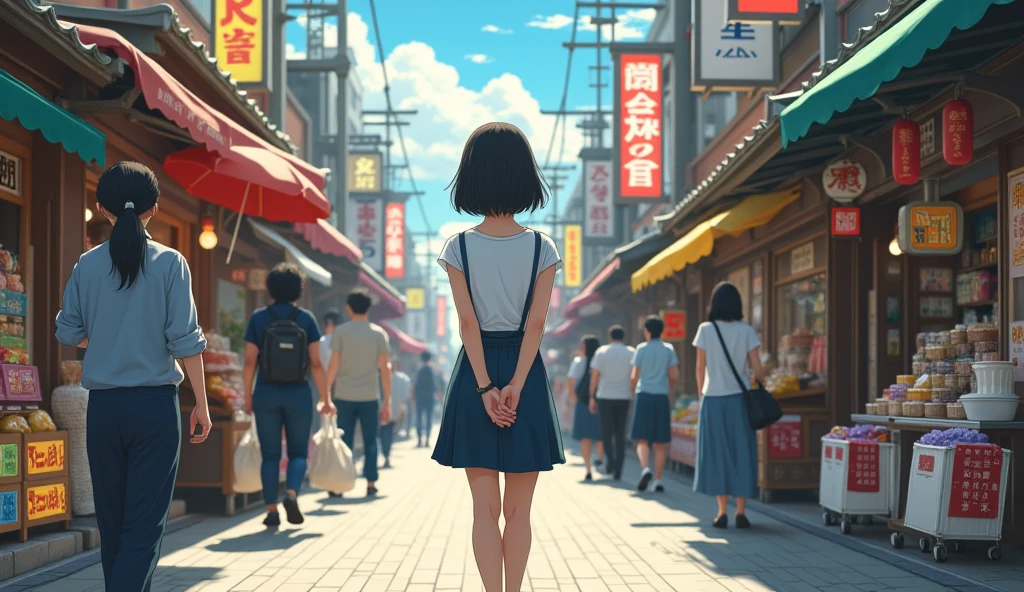 A Japanese woman walking past a busy shopping street, hands behind back, not stopping to buy anything. ultra realist