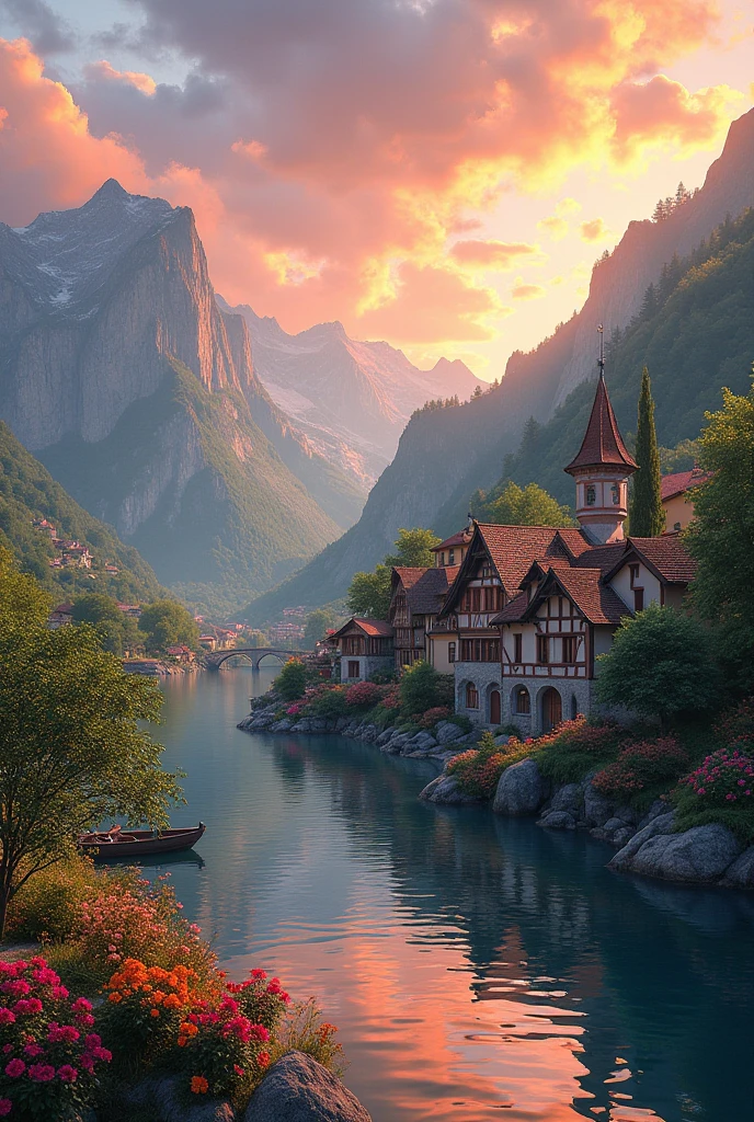a small village by the river, mountains in the background, floral flowers colorful, detailed landscape, Beautiful natural landscapes, atmospheric lighting, scorching sunset, warm colours, practical, photopractical, Detailed Foliage, complex buildings, cobblestone street, Charming country house, swirly vibrant colors, lush vegetation, Still water reflections, Picturesque, idyllic, work of art, best qualityer, 8k, extremely detaild,anime styling