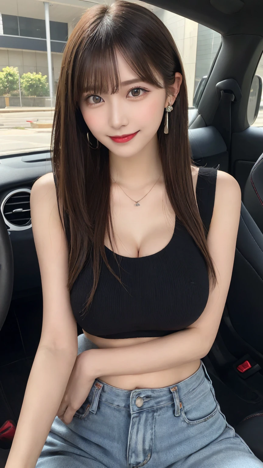 ,Highest quality, figure, Super detailed, In detail, High resolution, 8k wallpaper, Thick lips、Perfect dynamic composition, Glossy with oil々Skin、Korean、Unbutton your shirt to show off your boobs、Undressing、Short skirt。Shiny thighs,Thick thighs、Narrow waist、Big Breasts、 Natural color lip, Bold sexy pose,balcony、Selfie、NSFW、Incême、Up Angle、Selfie、Inside the car