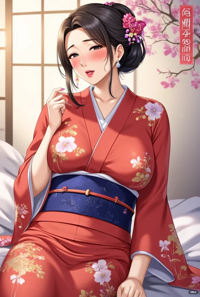 (utamaro style:1.2) , Hallucination, daydream , nightmare , Insane Dream , bokeh , erotica , romance , realistic mouse nymph and realistic cat , kimono , futon , Petals fluttering down , Single eyelids, round nose, swollen cheeks , Mount Fuji, Hawk, licking Eggplant , Collarbone