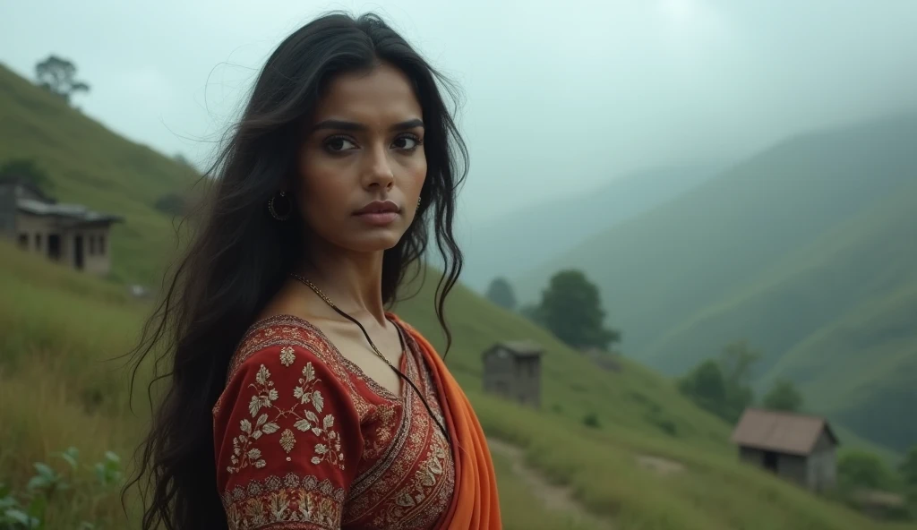 A stunning woman named Ranmali, radiating timeless beauty, stands amidst the misty hills of a forgotten village. Her long, dark hair cascades in soft waves around her shoulders, and her striking features reflect both strength and grace. Despite her old-fashioned attire, which has been carefully re-upholstered and stitched with intricate patterns, she exudes an aura of elegance and mystery. Her eyes are deep, captivating, and full of quiet sorrow, hinting at the untold stories of her past. She wears a beautifully embroidered sari, with colors that seem to blend seamlessly with the natural landscape around her. Her presence feels both ethereal and grounded, as though she is a part of the very earth she stands on, her beauty timeless and unchanging, despite the years that have passed. The air around her shimmers with a sense of nostalgia and the weight of long-forgotten love.


















