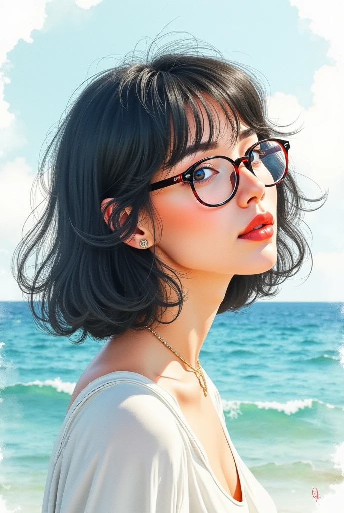 Cartoon of a 40-year-old woman, branca, medium hair, oculos, linda, dark eyes in the form of a watercolor drawing,elegant and light colors nli looking at the sea