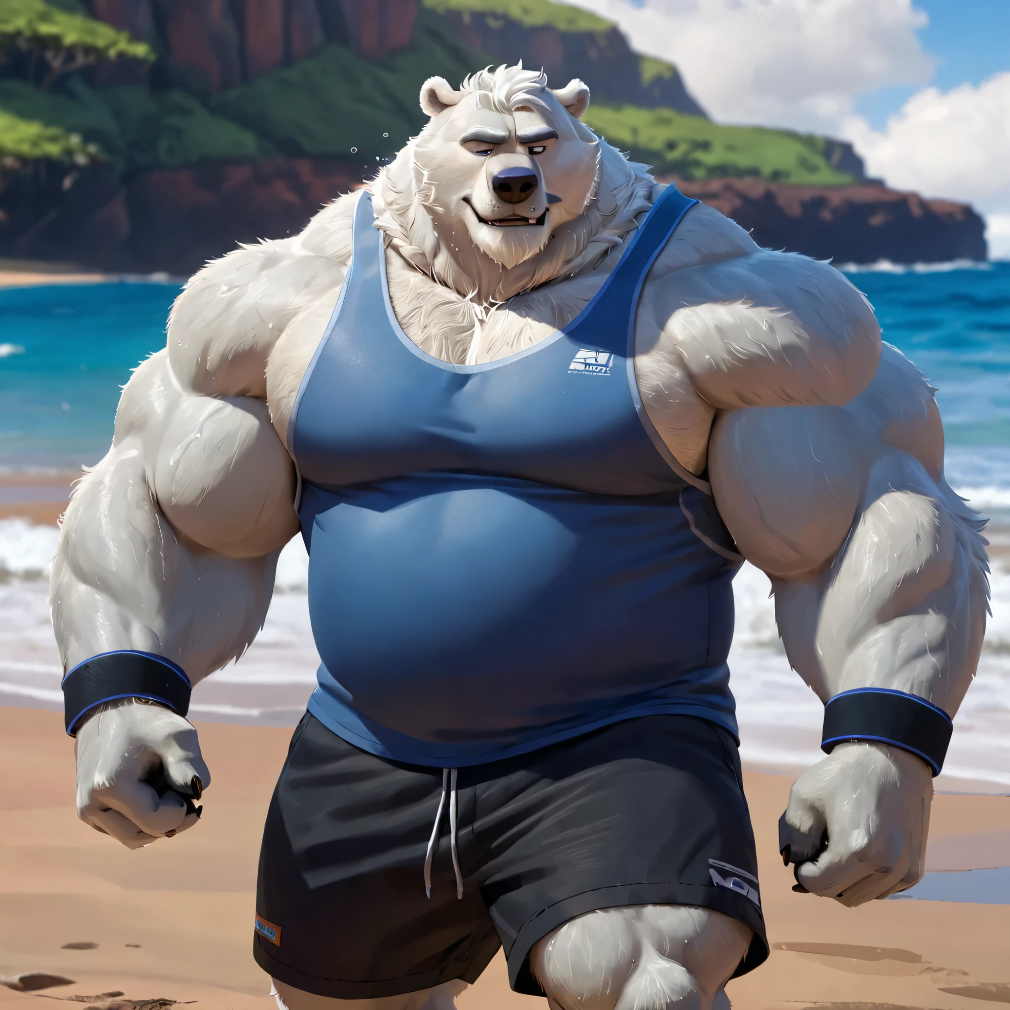 huge muscular polar bear in Kauai Hawaiian beach, big growl grunting, polar bear, huge white fur, thick arm, huge arm, gray mustache, gray beard. white hair and beard, bearded, (muscular, pectoral, wide pectoral, thick arms), Zootopia, 8k, masterpiece, detailed grey eyebrows, detailed eyes, (wearing black shorts, wristbands, blue tank top and white shoes), vibrating and bouncing his pecs like a drum, veins all over the body