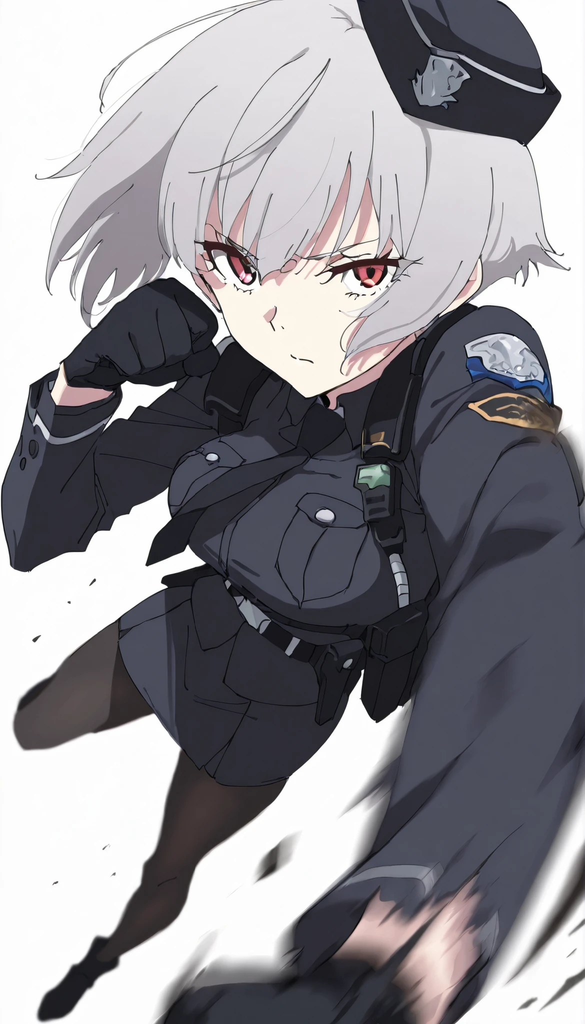 ((masterpiece)), (best quality), 1girl, solo, simple background, temptation, delicate face, Battle Pose , Punching, full body, silver short hair, long sideburn, Disdainful Eyes, Black Stockings, Damaged black police uniform, medium breasts, style: midjourney, white background, two-point perspective , Impact footage,motion blur,depth of field, closeup