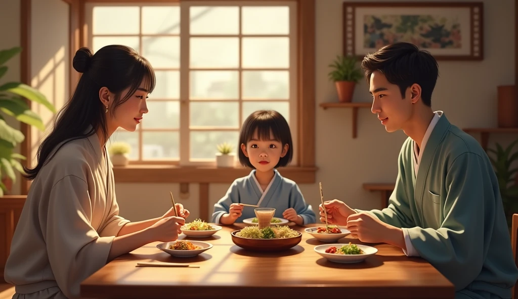 A Japanese family enjoying a meal together at home with simple dishes and no advertisements or packaging on the table. ultra realist image, image ultra realist, realist image.