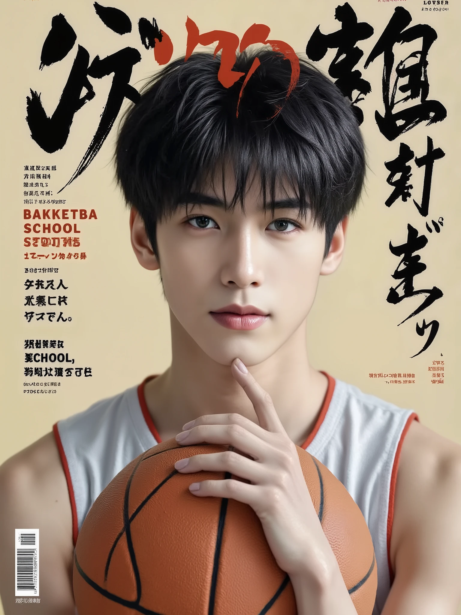 Ultra High Resolution, masterpiece, Reality, Best Quality in Classroom, Magazine Cover, Sports Magazine, 1 Boy, Japanese boy, high school students, basketball player, Very handsome, Gentle face , Perfect Face, The five-pointed silhouette is distinct , Clear beautiful details Eyes, black short hair, pale skin , muscular development, Slim body and muscles, perfect hands, Complete solution, Good anatomy, strong body, Glossy finish , bright color, Beautiful typesetting, Attractive Titles, high quality printing , Misses Complex Details, The composition is clear,