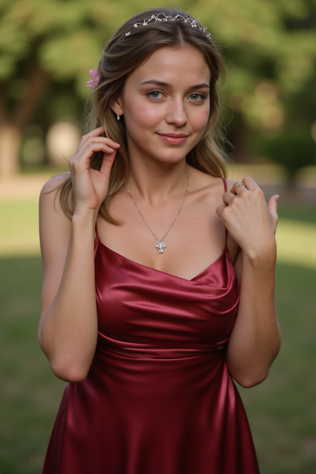 Woman, americana, age 25, pale skin and freckles, gray eyes, delicate nose, soft and delicate lips, far away, cabelo blondie far away e ondulado na altura da cintura, sweet smile, face with delicate feminine facial features, highly rendered