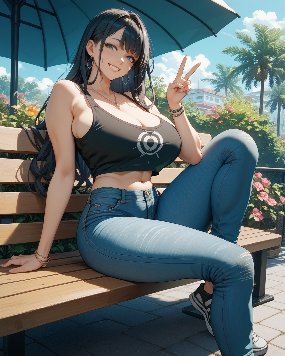 ((best quality)), ((masterpiece)), (detailed), ( nico robin ) , big breasts , wearing black leather jacket over white printed t-shirt and blue jeans , in garden , looking at camera and smiling