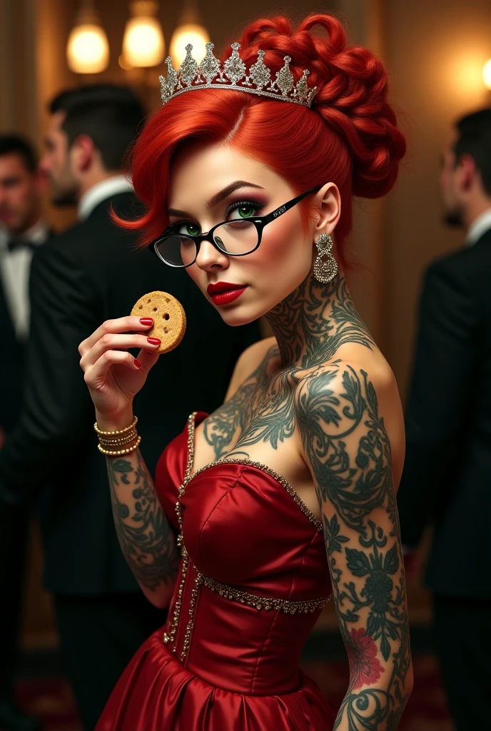 Tattooed woman with red hair, yeux verts, a big ?????, curvy figure with eyeglasses, An evening dress and a crown and a cookie