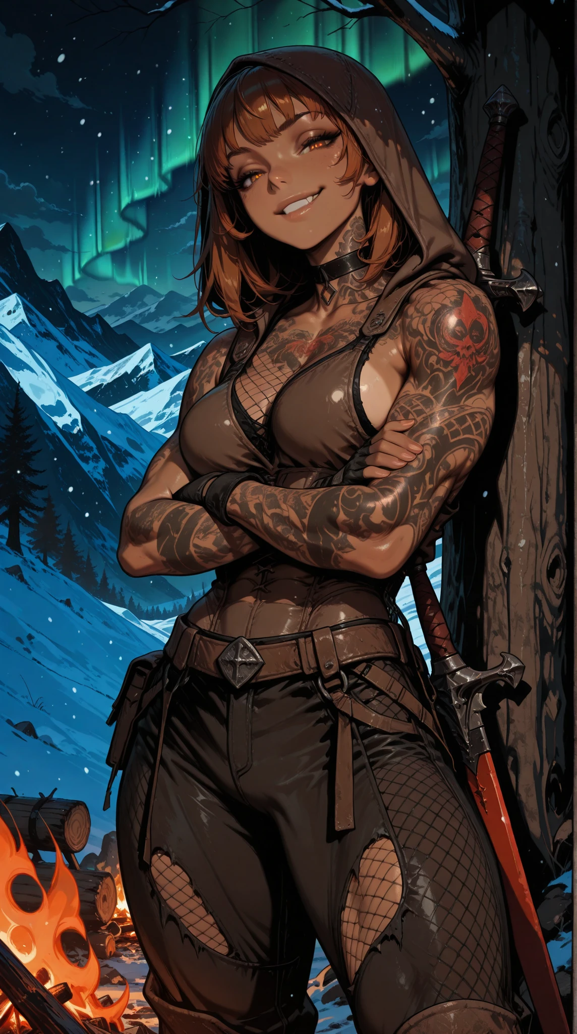 highres, very detailed, amazing quality, masterpiece,
very aesthetic,
particle effect,
1girl, beautiful amber eyes, looking at viewer, tough girl, slight muscle tone, tan skin, strong face, solo, toned arms, Covered in Tattoos, tattoo, neck tattoos, fur lined armor, tight pants, ripped pants, holes ripped in pants, hooded, copper hair, dark braided viking hair, medium breasts, fishnets, torso fishnets, side boob, choker, fingerless gloves, blade, sword, sword sheathed, sheathed on hip, leaning against tree, arms crossed, small camp, campfire,
Viking theme, Nordic theme,
looking at viewer, ((Front View)), Leaning against tree, tough pose,
seducing, seductive, flirty, tender, loving, playful, cocky smirk, cocky,
on a mountain, snowing, Cloudy Sky, at night, nighttime, aurora in the sky,