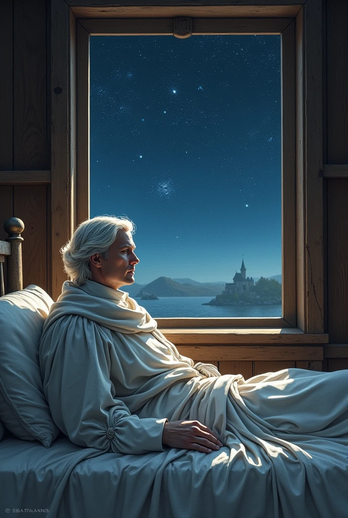 Hombre medieval noble blanco, semi-long hair, resting on a bed looking out a window that shows a starry night, in a modest medieval room 