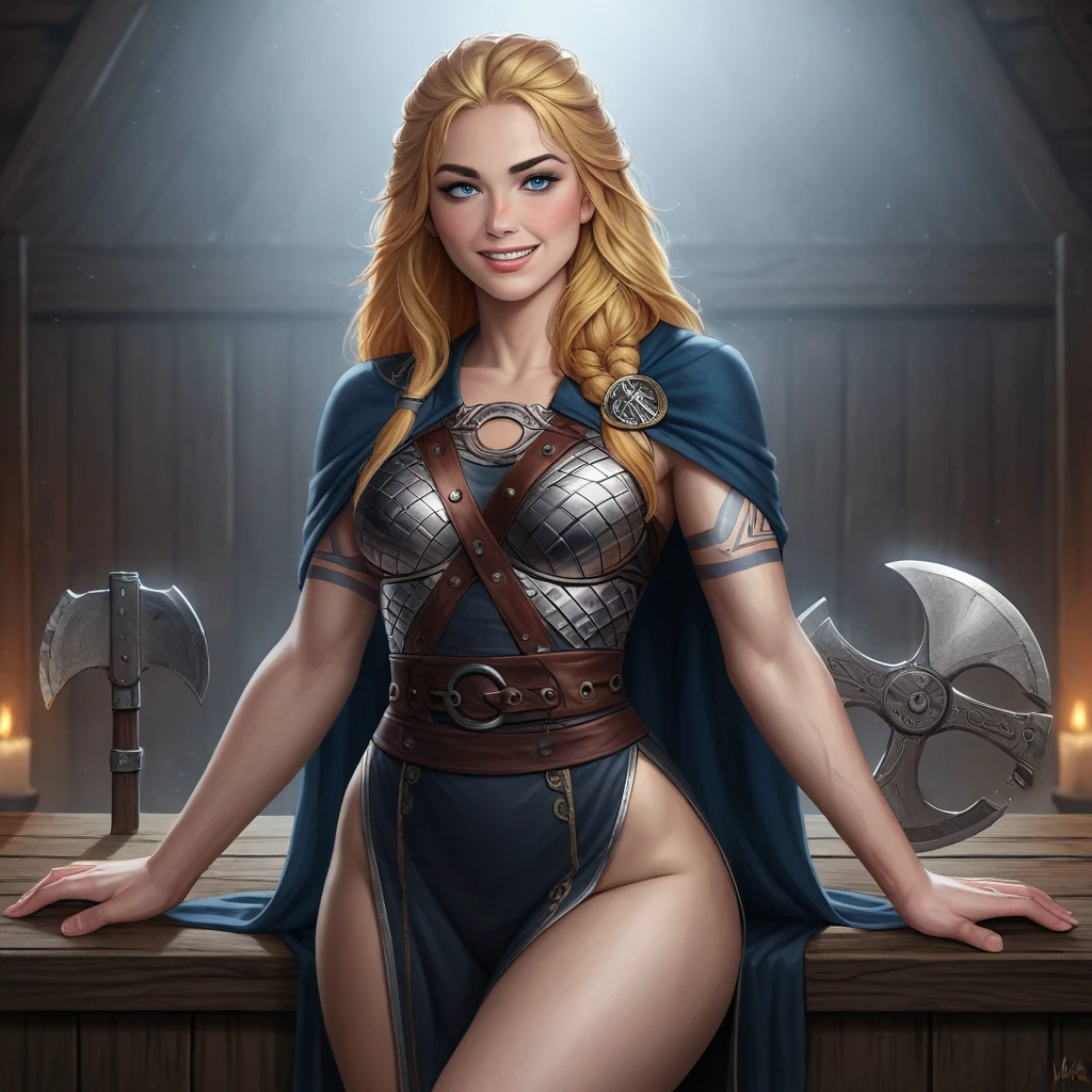 An illustrated movie poster, hand-drawn, full color, a teenage elven girl, wearing a loincloth, resembles Natalie Dormer, sun-tanned complexion, very tall, athletic body, hourglass figure, curvy, slightly chubby, bottom-heavy, generous hips, massive bubble-butt, long legs, ridiculously thick powerful thighs, azure blue eyes, long pointy elf ears, platinum blonde hair, long loose waves, posing in a bathhouse, wet glistening skin, hard shadows, graphite shading, stencil marks, airbrushed acrylic paint, masterpiece, in the style of Skyrim