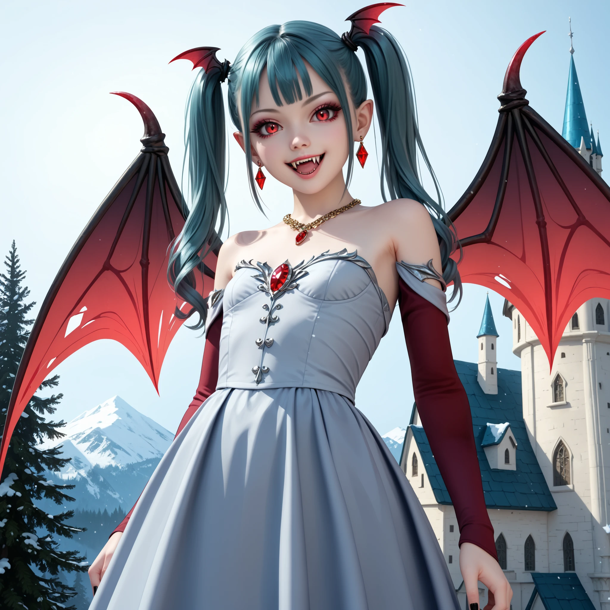 close-up, solo, lone, cute, creepy, horror, beautiful, feminine, european vampire girl, magical goddess, grey skin, upperbody, ((young)), petite, short, bare shoulders, long teal twintails, (teal twintails:1), flat chest, sexy school girl outfit, skirt, luxurious necklace, dark teal hair, red crimson eyes, looking at viewer, perfection, flawless, royal, luxury, rich, clear blue sky, outdoor, evil castle, medieval winter lands, standing, playing with her hair, hand in hair, dark cold night, freezing, pale skin, mean laugh, black manicure, large white vampire fangs, highly detailed masterpiece, high resolution, mean bratty face, very mean, (large set of flaming succubus wings behind her back:1), (flame wings:1), (gold jewelry:1), rings, earrings, freezing spell, ice shards, from below, cowboy shot, high quality, (seductive pose:1.3)
