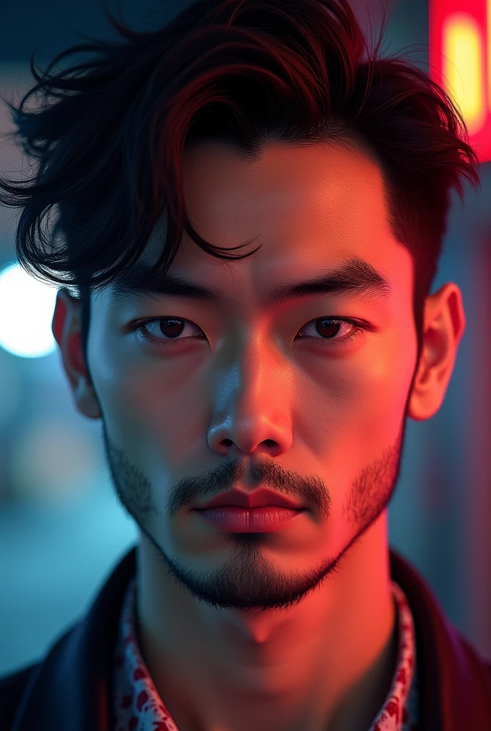 A young Japanese American man with an intense gaze with medium wolfcut hair is looking at the camera. I want coloured picture 