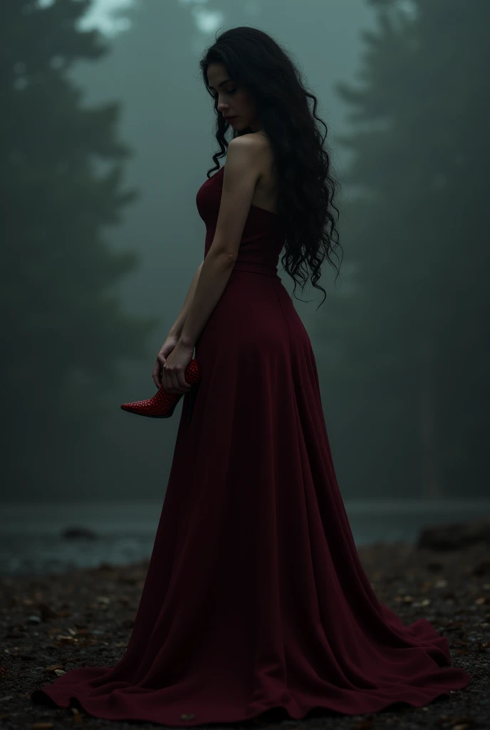 ((Night)) ((a deserted lake)) Vampire woman, (full body), black hair, pale skin, fangs bared, snarling, sexy red nightgown, looking at viewer, rises out of the water, soaking wet. style of a painted book illustration, dramatic lighting, (depth of field), ((masterpiece)), ((best quality)), ((highly detailed))