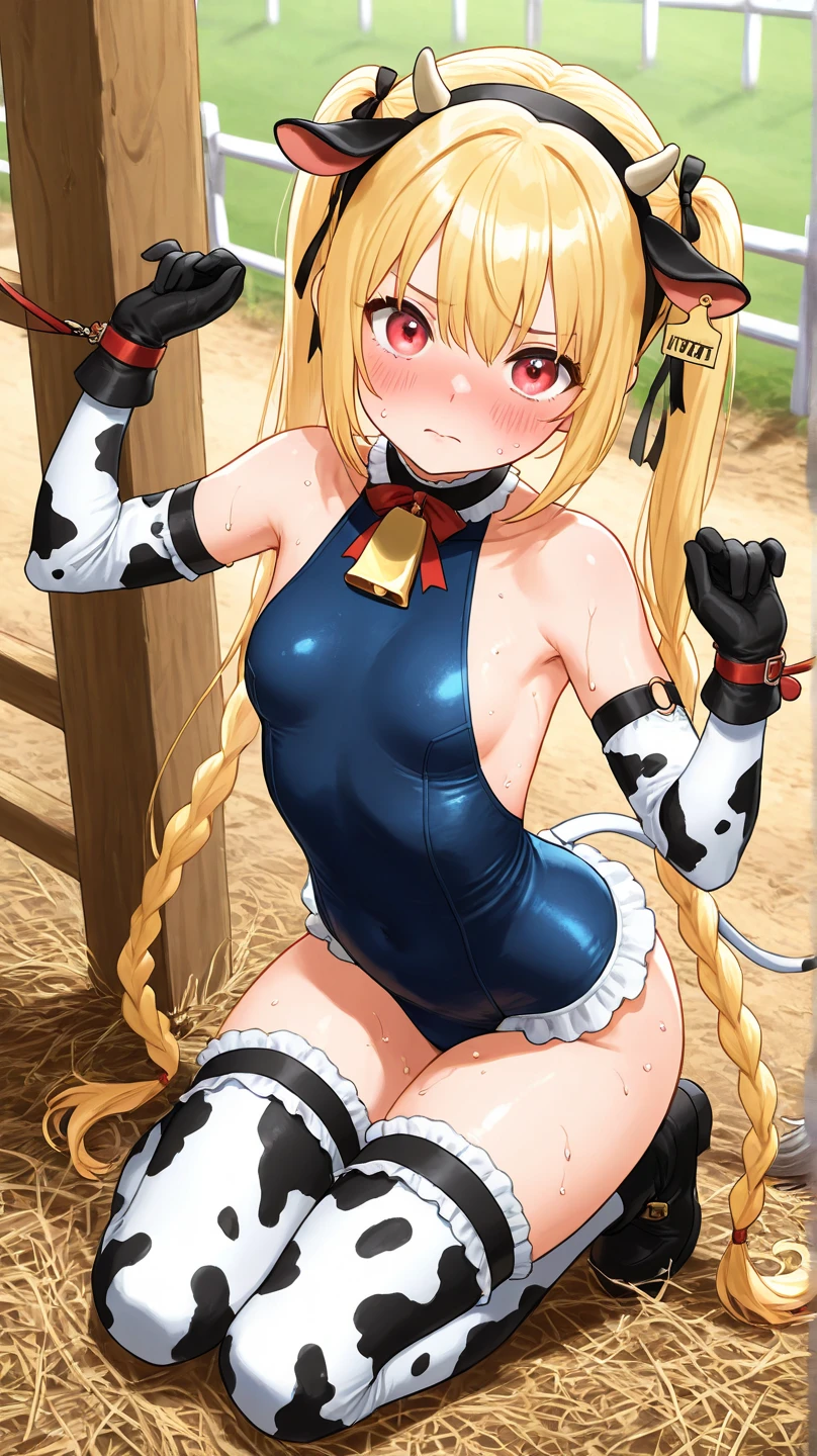 MrFV4,
((Highest quality)), ((masterpiece)),(detailed),High resolution,Sharp focus,Perfect Face,1woman,(complete anatomy),
(非常にdetailed CG unity 8k wallpaper),(((Vibrant colors))),{best illustration},Perfect Fingers,
shiny 肌,very shiny 肌,Shiny body,plastic glitter 肌,exaggerated shiny 肌,illuminated skin,
((detailedなボディ)),(detailedな顔)), cute,Lewd,erotic,Bold,(erection of nipple),Camel Toe,
Symmetrical eyes,Big eyes:1.5,slender,(small breasts:1.2),Long blonde hair that reaches down to her waist,blue eyes, Arrogant look,
Domineering smile, (tight cow print micro bikini:1.3),Cow-patterned gloves,Cow print knee socks,Cowbell,Cow ear headband, ((Vast blue sky)),Vast farmland,ranch wooden fence,Wooden barn,The bedding is piled up,(Peaceful scenery),Divine light shining through the clouds into nature,
sitting, spread legs,