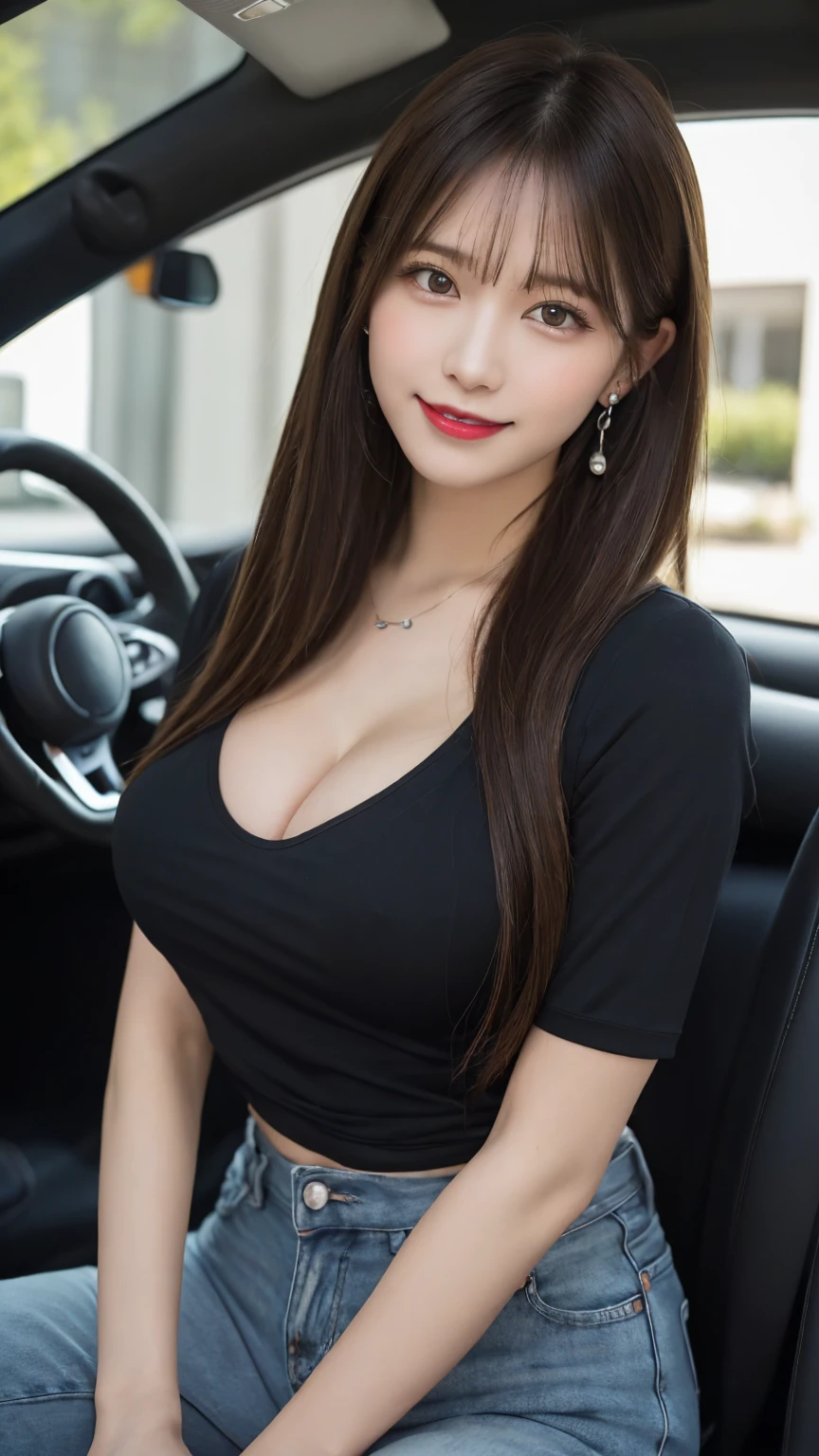 （（Real light and shadow、Top image quality、8K、masterpiece：1.3））、Focus is clear：1.2、1 girl、Beautiful woman with perfect body：1.4、Highly detailed face and skin textures、Super detailed face、Delicate lips、delicate eyes、double eyelids、brown hair、Eyeliner、Eyeshadow、make up、Tight clothing、(Ultra low cut low neck shirt、miniskirt:1.1)、(:1.2)、cleavage、sit on the chair、On the car、
