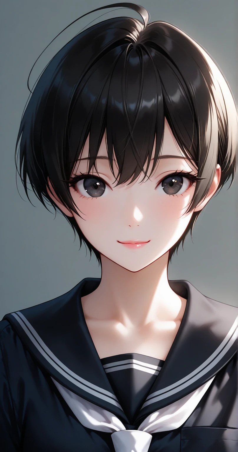 insanely detailed,
She is beautiful,
Cute anime-style girl (1.7),
Cell-shaded style, vibrant colors (1.7), 2D anime style, flat color (1.7),
Sharp focus (1.3), clear lines, crisp outlines, harmonized colors,
Alluring mystique, stunning clarity,
Short, messy pixie cut black hair with ahoge, glossy highlights,
Detailed black eyes with intricate irises, large highlights, subtle intensity in gaze, clear eyes (1.5),
Ultra-detailed eye contours, long eyelashes, glossy hair texture, flowing strands (1.3),
Calm, boyish beauty, delicate yet strong,
Ethereal, quiet confidence, innocent yet captivating.
Delicate facial features, pure aura, fragile yet unyielding.
White neckerchief, traditional Japanese school uniform (serafuku),
Classic black sailor uniform, no symbols or emblems (1.7),
Jet black fabric, 3 black stripes on collar and sleeves, simple black sailor collar, black shirt,
Backlight, white simple background,
1girl, solo, no additional characters,
Masterpiece, best quality, ultra-detailed, 8k resolution,
Perfect anatomy, no tattoos or symbols on face (2.5),
Slender figure, soft pink lips, flawless porcelain-like skin, dewy radiance,
Natural pose, arched back, light smile,
Face shot, front view, extreme close-up,
Highly detailed face, refined body, flawless skin.