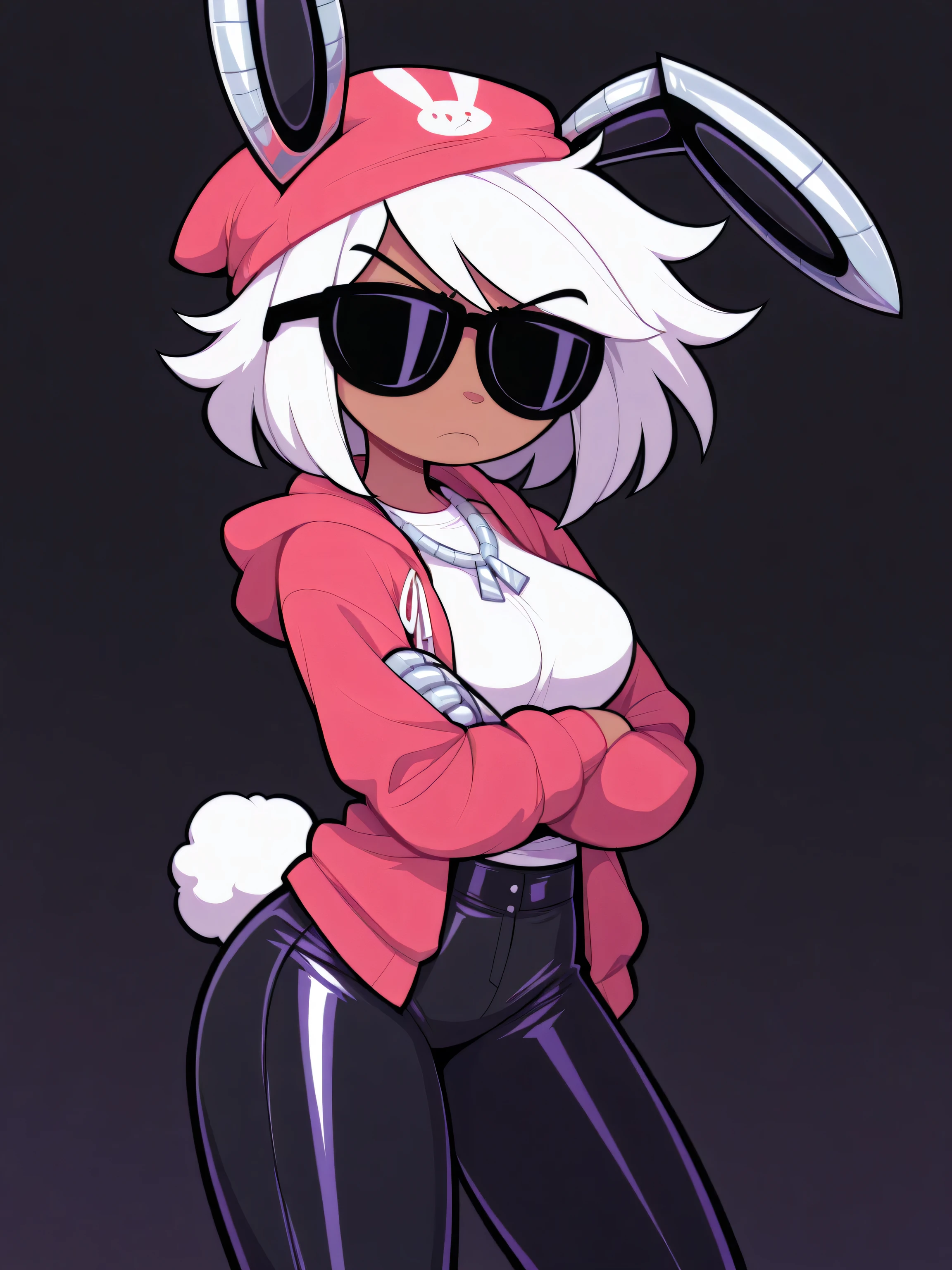 solo, metallic ears, crossed arms, red cap, short, rapper, holding microphone, black sunglasses, golden rapper necklace, robotic arms, sleek reflective metallic, His robotic mechanisms plating is a combination of highly polished silver and chrome, dark skin, front view, solo, serious face, medium ass, medium thighs, black oversized open hoodie, white t-shirt, cartoony style, solo, white rabbit ears, Black rapper pants, medium breasts, solo, standing up, short, robotic floppy rabbit ears, medium size white hair, white rabbit tail, best quality, amazing quality, highres, absurdres, ,source_anime,BREAK,masterpiece