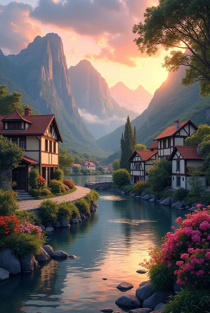 A small village by the river, mountains in the background, colorful flowers, detailed landscape style, beautiful natural scenery, atmospheric lighting,  scorching sunset ,  warm colors, practical, photographic, detailed foliage, complex buildings , cobblestone street, charming country house, vibrant colors, lush vegetation, reflections in the water, pitoresco, idyllic, work of art, Best Quality, 8k, extremely detailed, anime style