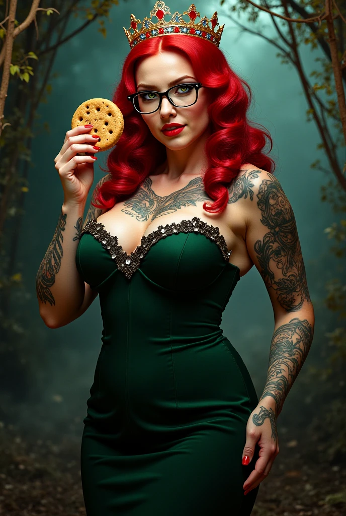 illustration of two beautiful curvy women standing in a pumpkin field. The person is viewed from the front, , wearing Loose overallswith thin lace enormous bra fuller chested 75h under. They have tattoos on their arms and back, featuring various designs like scary things and text. Their red hair curly 
