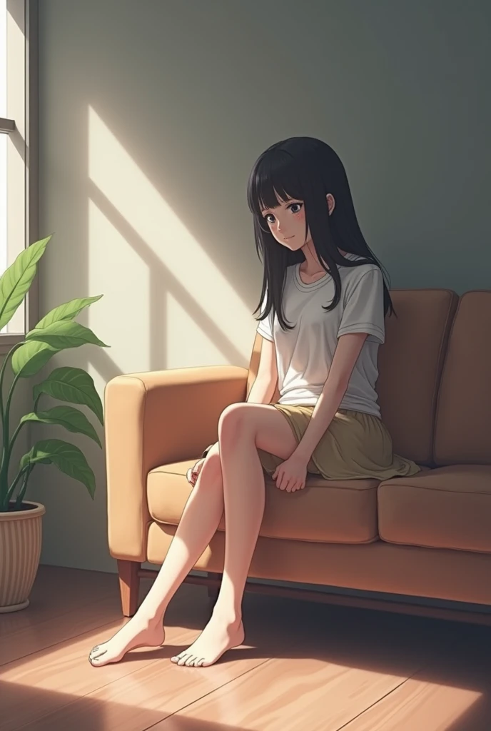 asian, young, girl, long black hair, white miniskirt, sit, sofa, living room