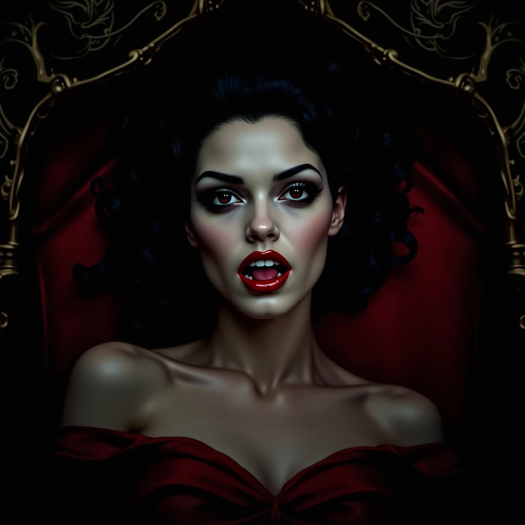 a vampire lady with(distinct long canine teeths),4 prominent sharp canine teeth, wearing Gothic ancient lingerie,in the castle,oil on canvas, Gothic style, Francisco Goya,Ramon Perez, Adam Gorham, dramatic horror lighting,dark theme, masterpiece, 8k