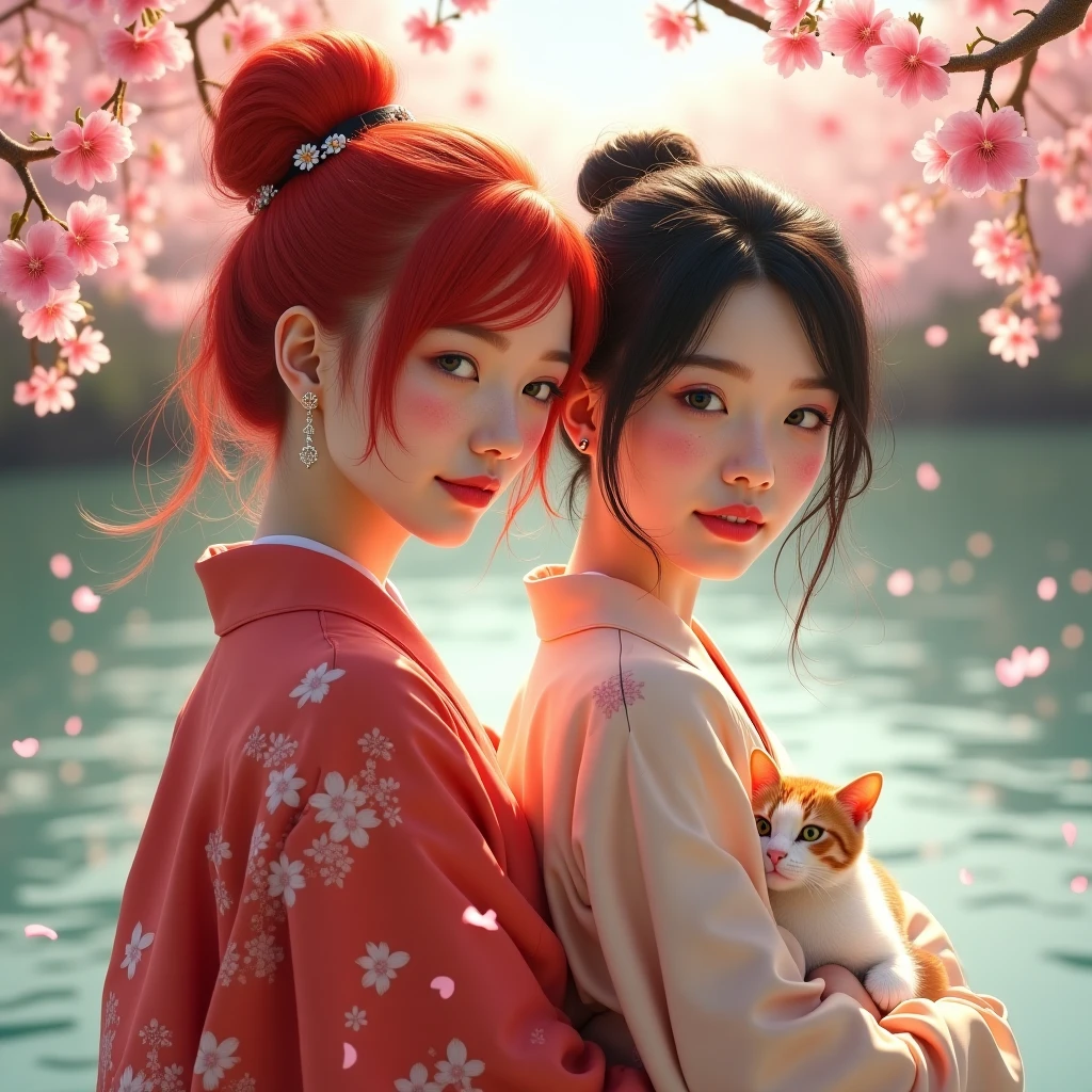 In the style of impressionism, photorealistic, HD, Echt, hyperrealistic, zwei Frauen, A young woman, one with bright red hair and freckles, leichtes Lächeln und A young woman mit kurzen schwarzen Haaren, she makes Gi Gong, Tai-chi-chuan, Tanz, Kong Fu, Full body shots ,  full body portrait , silk kimono, spring, sunshine, red white cat,  im Park am See, Cherry blossoms, Very nice motif.
