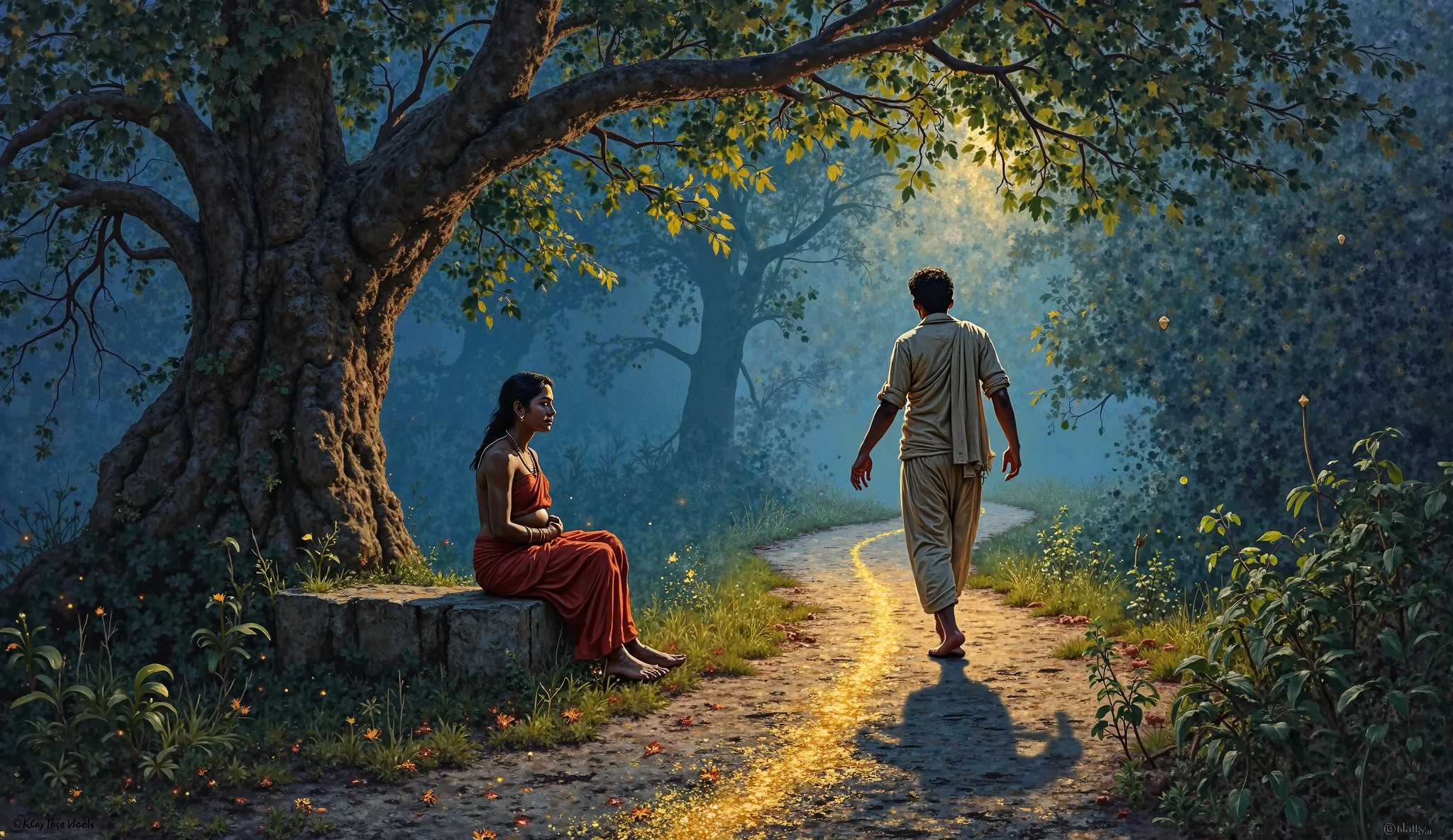 *"A dramatic Tanjore-style painting capturing the heart-wrenching moment of separation. The husband turns away from his laboring wife towards the distant light, his body physically torn between duty and love. The composition freezes this pivotal instant where his face is half-turned back, one hand still reaching toward her while his feet point toward the glowing path.*  

**Key Details:**  
1. **The Husband's Anguish:**  
   - Tears creating clean streaks through the sacred ash on his face  
   - His shadow stretching unnaturally - half clinging to her, half running ahead  
   - The sacred thread around his neck vibrating with tension  

2. **The Wife's Silent Strength:**  
   - Seated in a yogic posture against the banyan tree, radiating calm  
   - One hand raised in abhaya mudra (fear-not gesture), the other protecting her ????  
   - Her faint smile containing both pain and absolute trust  

3. **The Sacred Journey Begins:**  
   - Each of his footprints glowing faintly gold on the jungle path  
   - The lamp light ahead forming a miniature temple gopuram shape  
   - Ancestral spirits visible as faint outlines lighting his way  

**Art Style:**  
- Kerala mural dynamism in the stretched shadow  
- Gold leaf reserved only for:  
  - His tear tracks  
  - Footprint path  
  - Distant lamp's temple shape  
- Hyper-realistic textures of torn clothing and strained muscles  

**Lighting:**  
- Pre-dawn blue light casting long, dramatic shadows  
- The wife's position creating a halo of protection around her  
- The jungle path pulsing with bioluminescent energy  