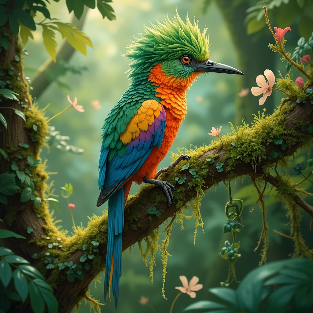 there is a bird that is sitting on a branch with moss, colorful bird with a long, beautiful detail and color, very colourful, a surrealistic bird, beautiful and graceful, beautiful colorful, colorful birds, highly colorful, beautiful and colorful, green head, beautiful nature, beautifully painted, rare bird in the jungle, beautiful gorgeous, beautiful!!!!!!!!!, surrealistic bird