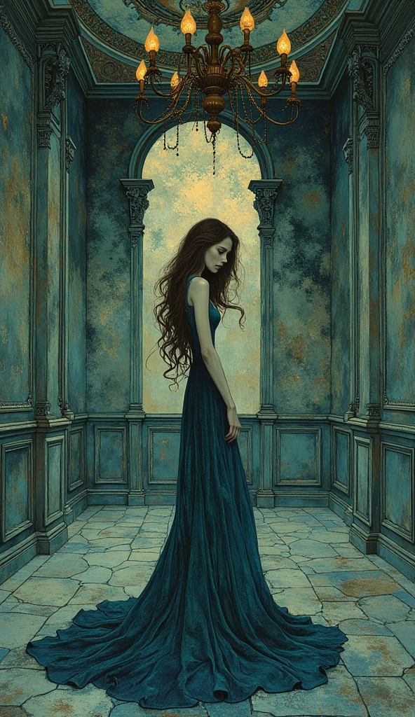 Women in a long blue dres, long brown hair, dark eyes, looking at the roof of the room, crying, sad, empty dark room in a big house
