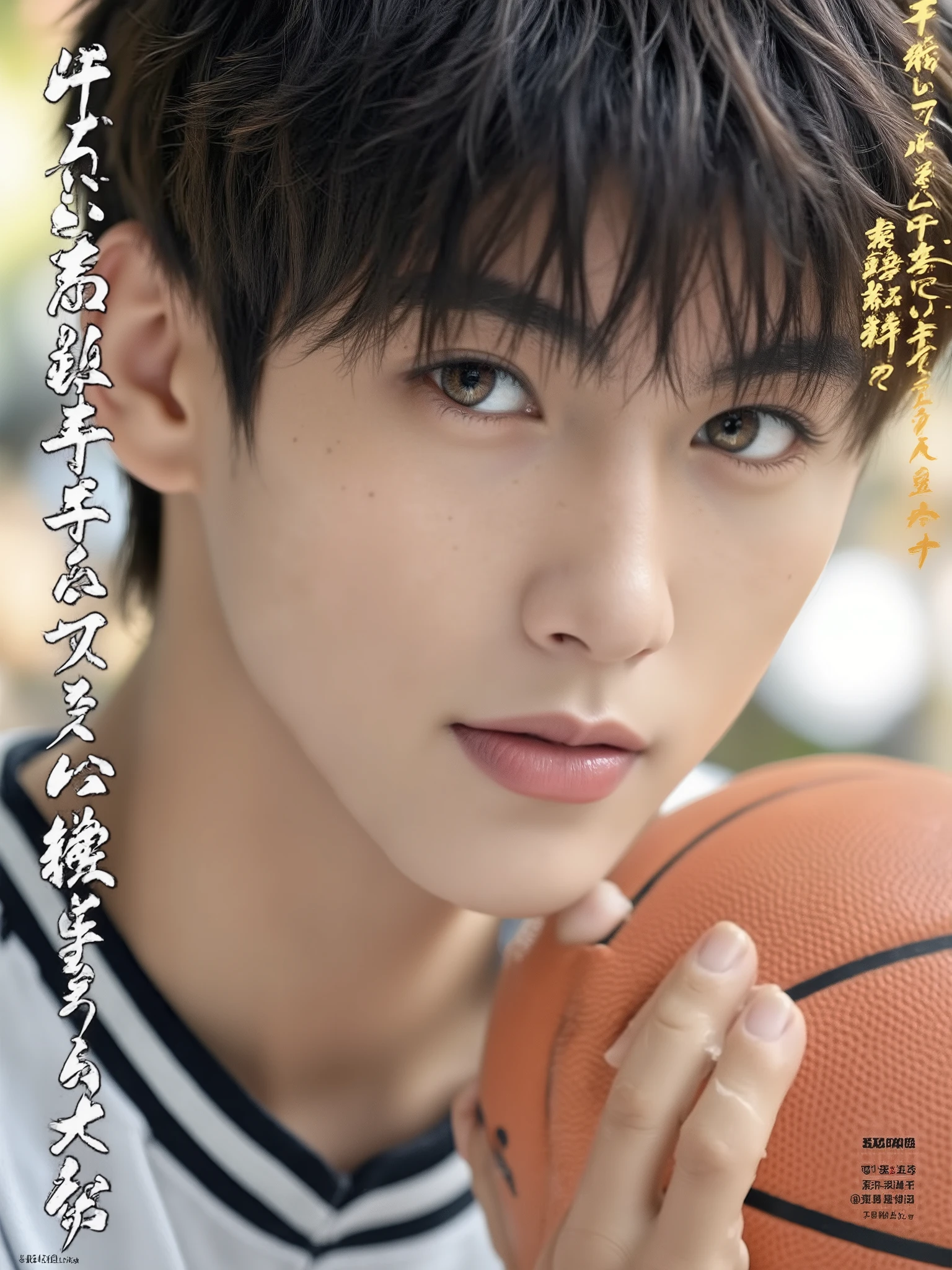Ultra High Resolution, masterpiece, Reality, Best Quality in Classroom, Magazine Cover, Sports Magazine, 1 Boy, Japanese boy, high school students, basketball player, Very handsome, Gentle face , Perfect Face, The five-pointed silhouette is distinct , Clear beautiful details Eyes, black short hair, pale skin , muscular development, Slim body and muscles, perfect hands, Complete solution, Good anatomy, strong body, Glossy finish , bright color, Beautiful typesetting, Attractive Titles, high quality printing , Misses Complex Details, The composition is clear,