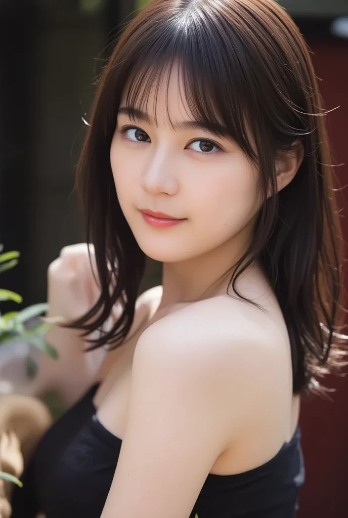 (8k), (highest quality: 1.2), (Realistic), (Realistic: 1.37), Ultra-high resolution, 1 girl, Head to knee photo、cute, smile, Mouth closed, Beautiful details, Beautiful Nose, whole body, Wet Hair, Large Breasts、Saggy breasts、Soft Breasts、Overflowing breasts、Voluptuous thighs、dolly make、Odd Eye、Heterochromia iridis