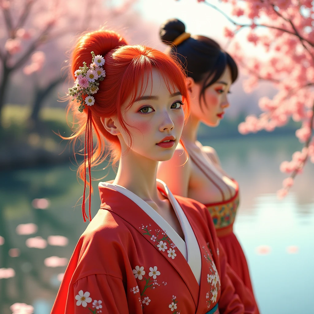 In the style of impressionism, photorealistic, HD, Echt, hyperrealistic, zwei Frauen, A young woman, one with bright red hair and freckles, leichtes Lächeln und A young woman mit kurzen schwarzen Haaren, she makes Gi Gong, Tai-chi-chuan, Tanz, Kong Fu, Full body shots ,  full body portrait , silk kimono, spring, sunshine, red white cat,  im Park am See, Cherry blossoms, Very nice motif.