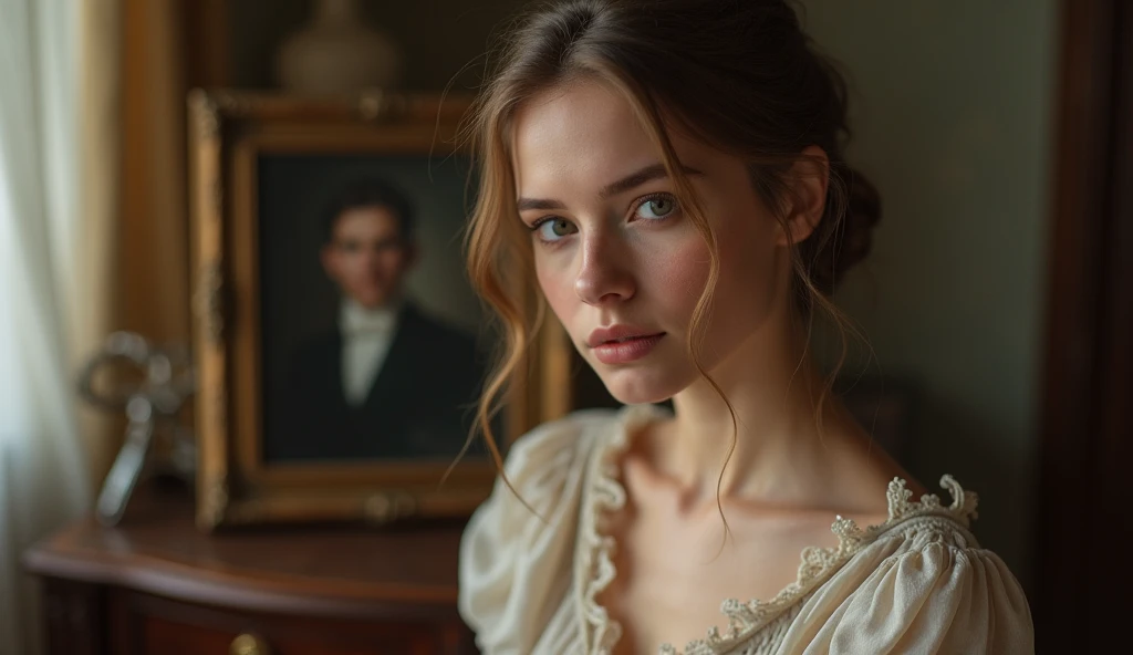 very pretty European girl in the room next to her father photo clear