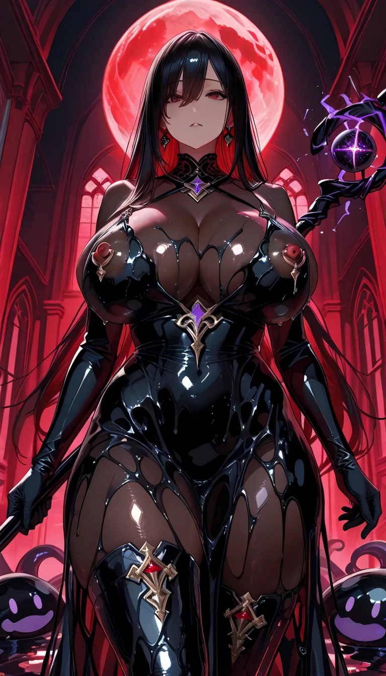 (masterpiece, Best Quality, absurd, 4k, Aesthetic, detailed, Intricate, perfect lighting) cinematic angle, 1solitaria, Sitting on the throne, elbow rest, castle interior, face mask, hood, layer, belt, armor, Cloak, red gloves gauntlets, corona
