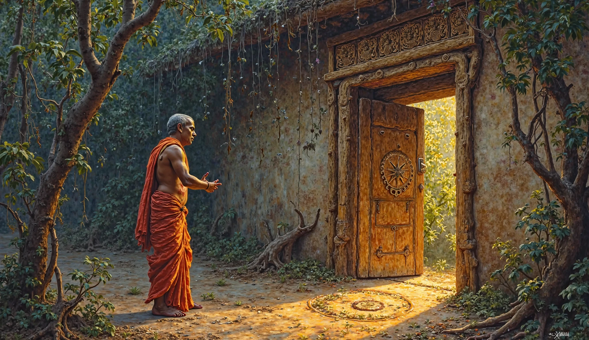 *"A powerful Tanjore-style painting capturing the climactic moment when the exhausted husband reaches the healer's hut. His bleeding hand is raised mid-knock, the ancient wooden door already vibrating from his touch. The early morning light reveals his torn clothes and haunted eyes, while the faint glow from beneath the door promises salvation.*  

**Key Details:**  
1. **The Husband's Breaking Point:**  
   - Bloodied knuckles hovering an inch from the weathered door  
   - His shadow cast behind him forming a desperate reaching shape  
   - Torn angavastram fluttering like a wounded bird's wing  

2. **The Healer's Door:**  
   - Intricate carvings of Dhanvantari (god of medicine) coming alive in the wood grain  
   - A line of 108 medicinal herbs hung above, swaying without wind  
   - The threshold kolam glowing faintly in recognition of emergency  

3. **Symbolic Elements:**  
   - His tear drops crystallizing into medicinal seeds as they hit the ground  
   - The morning sun casting his shadow that still connects to his distant wife  
   - Jungle animals frozen in silent witness around the hut clearing  

**Art Style:**  
- Kerala mural dynamism in the door carvings  
- Gold leaf reserved only for:  
  - The glowing kolam  
  - Dhanvantari's awakening eyes  
  - Medicinal herb stems  
- Hyper-realistic textures of exhaustion (torn nails, cracked lips)  

**Lighting:**  
- Harsh morning light exposing every wound and strain  
- The door's glow creating a halo around his knocking hand  
- Distant Annamalai peak shaped like a watching face  