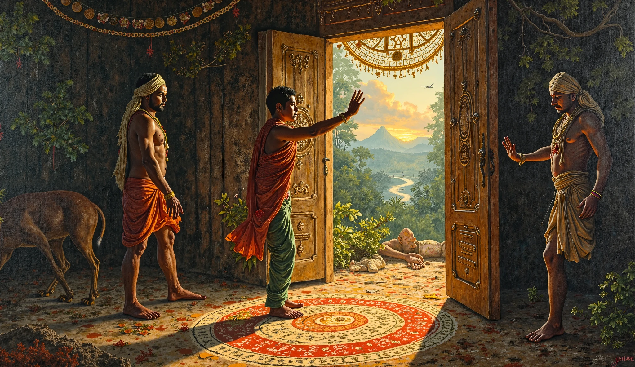 *"A powerful Tanjore-style painting capturing the climactic moment when the exhausted husband reaches the healer's hut. His bleeding hand is raised mid-knock, the ancient wooden door already vibrating from his touch. The early morning light reveals his torn clothes and haunted eyes, while the faint glow from beneath the door promises salvation.*  

**Key Details:**  
1. **The Husband's Breaking Point:**  
   - Bloodied knuckles hovering an inch from the weathered door  
   - His shadow cast behind him forming a desperate reaching shape  
   - Torn angavastram fluttering like a wounded bird's wing  

2. **The Healer's Door:**  
   - Intricate carvings of Dhanvantari (god of medicine) coming alive in the wood grain  
   - A line of 108 medicinal herbs hung above, swaying without wind  
   - The threshold kolam glowing faintly in recognition of emergency  

3. **Symbolic Elements:**  
   - His tear drops crystallizing into medicinal seeds as they hit the ground  
   - The morning sun casting his shadow that still connects to his distant wife  
   - Jungle animals frozen in silent witness around the hut clearing  

**Art Style:**  
- Kerala mural dynamism in the door carvings  
- Gold leaf reserved only for:  
  - The glowing kolam  
  - Dhanvantari's awakening eyes  
  - Medicinal herb stems  
- Hyper-realistic textures of exhaustion (torn nails, cracked lips)  

**Lighting:**  
- Harsh morning light exposing every wound and strain  
- The door's glow creating a halo around his knocking hand  
- Distant Annamalai peak shaped like a watching face  