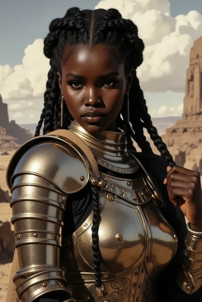 Une jeune femme chevalier noire africaine. Cheveux reliés en 2 grosses tresses tombent sur ses gros seins. Elle porte une armure de chevalier. 