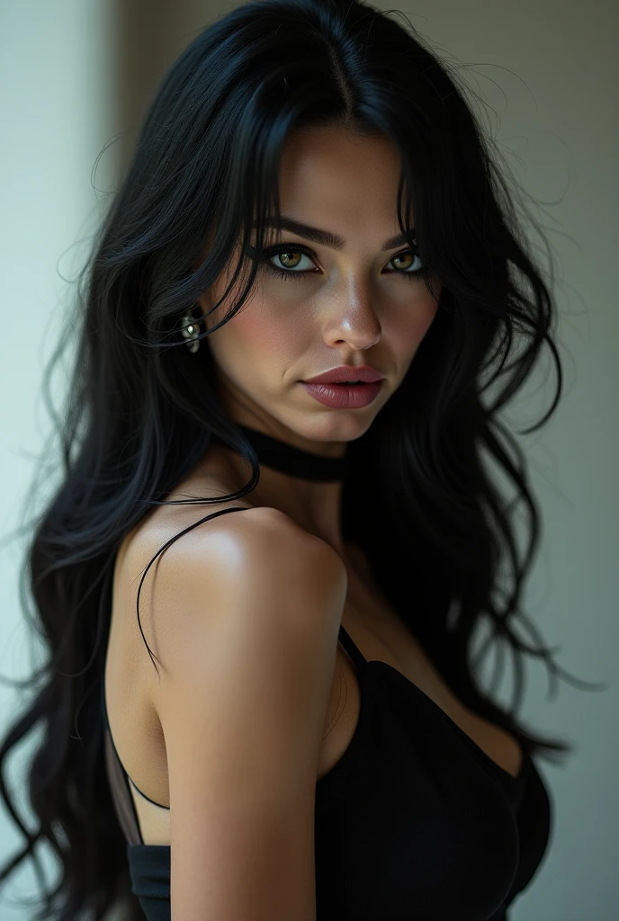 Woman, wavy black hair, sexy position