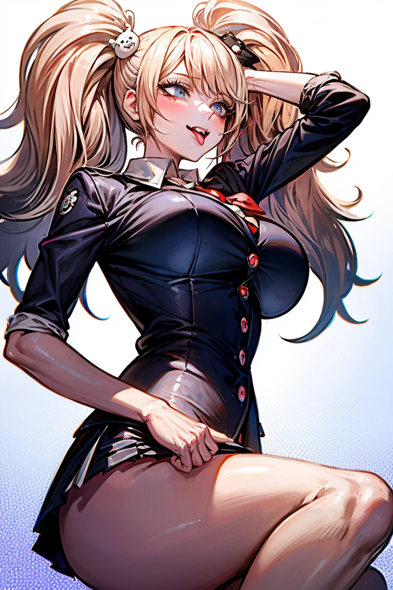 (small breasts:1.2), (perky chest:1.2), (pointed chest:1.2), (Pudding cake magazine cover:1.3),(from above:1.0),(shoot from the side:1.1),masterpiece, 1girl, Amazing Cleavage:1.1, thin waist, optimum,tmasterpiece,hight resolution,best qualtiy,hyper HD,super detailing,awardwinning,a 18yo cute girl,(The upper part of the body),anatomy correct,Beautiful Black miniskirt,garters,Gaze,Small face,bangss,holster,Beautuful Women,hands up,leg holster,Gaze,black boots,Cowboy Shot,cute face,a blond,Longhaire,Twin-tailed,Braids, Hairline,（scarlet eyes）,long eyelasher,Hanging eye corners,White skin of the, ((see through camisole:1.1)), ((Sheer nipples:1.0)),Rocket Tits,(Slim body),smile,seductive weak smiling,(with sparkling eyes and a contagious smile),little open mouth, Looking at Viewer, 