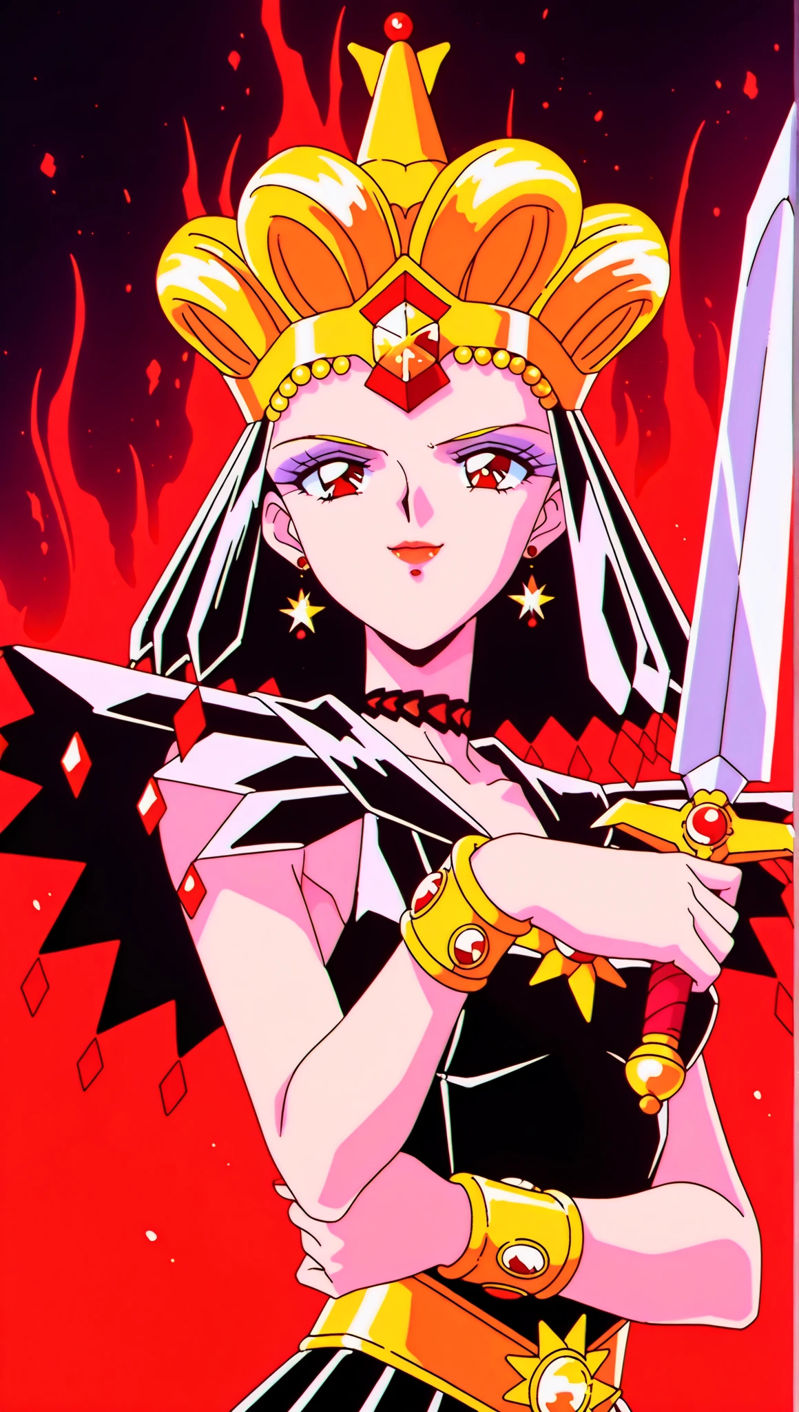 1girl, solo, long hair, looking at viewer, black hair, cai lin, jewelry, pointy ears, hair ornament, grey eyes, makeup, lipstick, breasts, red dress, upper body, shiny, retro style, 1990s (style), 1980s (style), starry sky