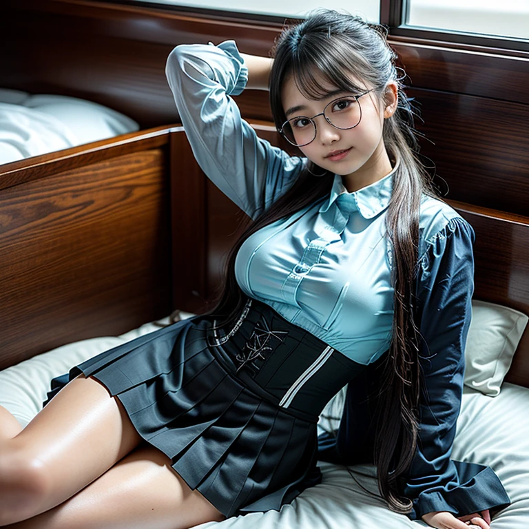 One woman(12 years old)、Shyly smiling、Long, blue hair、Thin glasses、White clothes、See-through shirt、ribbon、Short pleated skirt、Pink underwear、loose socks、Inside a skyscraper office at night、Spread your legs
