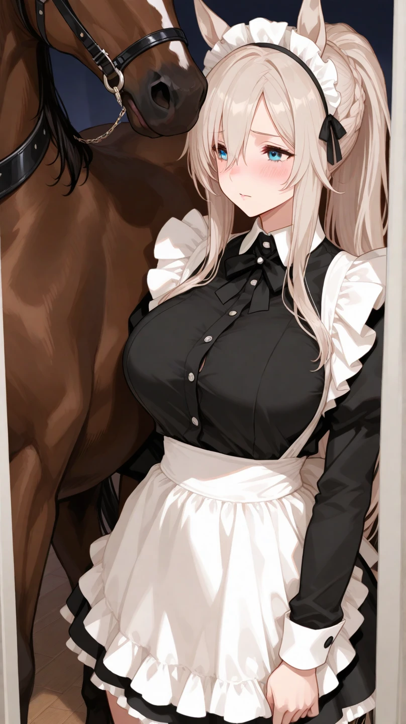 one girl, human girl, silver hair, long hair, kimono, maid outfit, torn clothes, on all fours, red horse, one giant red horse, red giant red horse, sex with giant red horse, doggy style sex, rough sex, penis as thick as an arm, dick as thick as an arm, (huge penis: 1.6), in girl's pussy, girl's belly bulging with dick, loads of semen, girl's ahegao, outdoors, in the forest