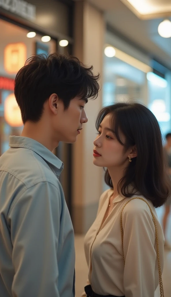 realism: young man (soft and smooth skin), comb over hairstyle.he embodies the simplicity of asian young man, ,Exuding sweetness、Romantic atmosphere。(he wears simple denim shirt and a white shirt) pushing a woman in a white hoodie who almost got hit by a car on the road