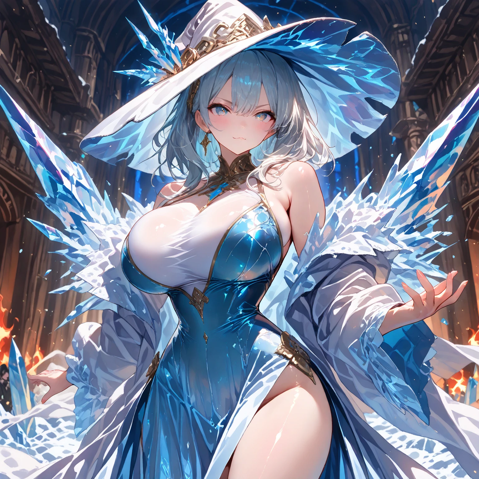 Adult woman, Short blue hair, blue eyes, big breastes, pale skin, Ice Crown, ice dress, Cold, emotionless look, blue lipstick, Masterpiece, hiquality