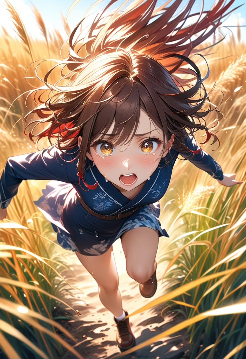 (is a miscanthus field with fall leaves that are about tall:1.printing energetically at full speed:1.5))、((miscanthus seeds that have turned red are blown away by strong winds and scattered at breakneck speed:1.peed Line:1.5、motion blur:1.5、motion line:1.5、DYNAMIC POSE:1.5、 the foreground is blurry :1.5))、((one girl:1.5)、((Girl:1.5))、 college student :1.5)、top quality、high resolution、detailed background、Beautiful face down to the smallest detail、anatomically correct、fine grain、((full body:1.5、focus eye:1.5、 from above :1.5)),　break　((Misunoki field with full view:1.tupid hair:1.5))、((Dark brown hair color:1.5))、Xiaoyan、fashion model with split ends due to pubic hair:1.5、((Ultra detailed facial depiction :1.5、ultra-detailed depiction of eyes:1.5))、Big, beautiful blue eyes、 long and rich lashes、Full lips、pink lips、braided twin tails、break　(chic and elegant dark navy fall dress、CHIC AND ELEGANT HAIR ACCESSORY、Chic and Elegant Autumn Hat:1.5、CHIC AND ELEGANT SHOES)、((troubled expression:1.5、Open Your Mouth Wide and Shout:1.ad and heartbroken:1.5、almost crying:1.5、watery eyes:1.5))、Pale Light、frog